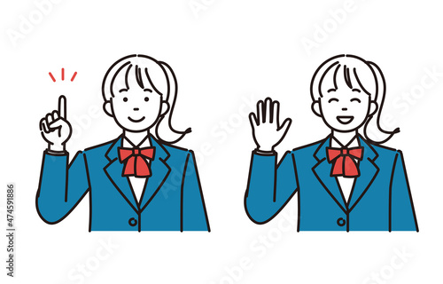 説明・挨拶をしている女子高生または女子中学生のシンプルイラスト2ポーズセット