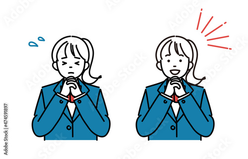 手を組んで焦っているまたは喜んでいる女子高生または女子中学生のシンプルイラスト2ポーズセット