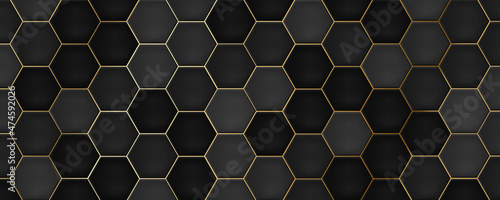 Black hexagon tiles with gold grout. Modern seamless pattern, dark colored hexagon ceramic tiles. 