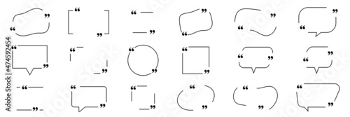 Collection of quote box frames and icons. Text in brackets. Blank template of quote remarks. Empty speech and quote bubbles of different forms. Textbox on color background. Vector illustration. EPS 10