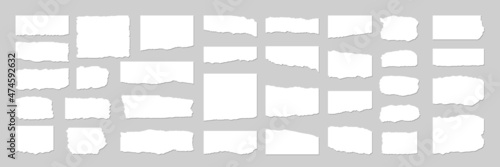Collection of torn, ripped pieces of white color paper. Ripped paper strips. Vector illustration