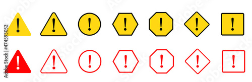 Exclamation mark of warning attention icon set. Attention, Warning, Important mark Triangular. Stock vector.