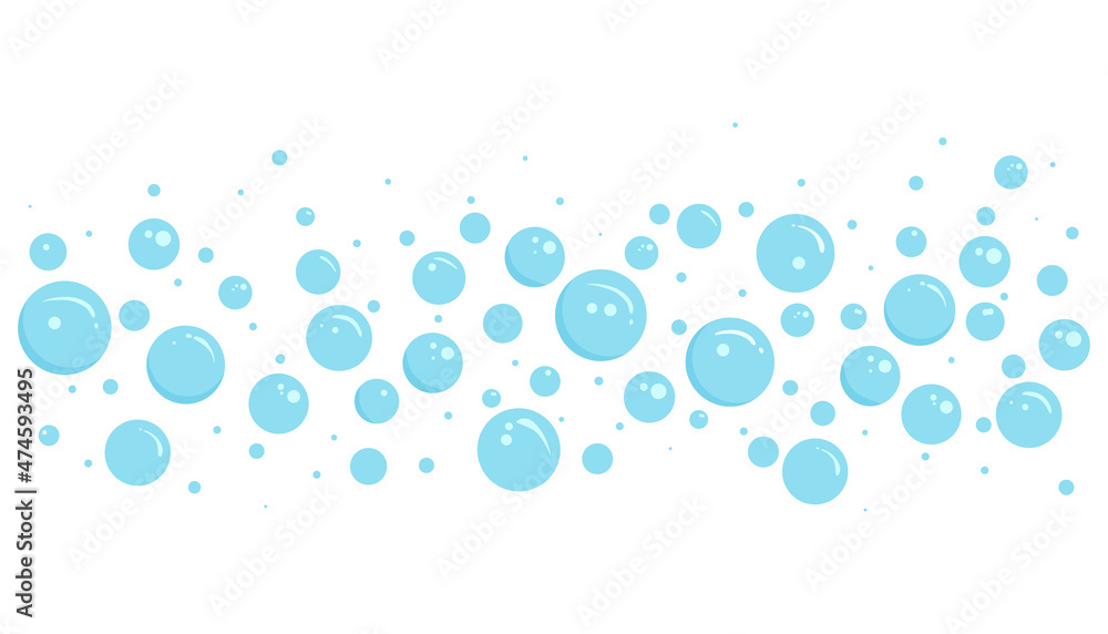 Blue bubble vector soap background, foam border, abstract suds pattern. Transparent effervescent air bubbles stream. Cartoon soda pop. Fizzy drinks. Carbonated illustration