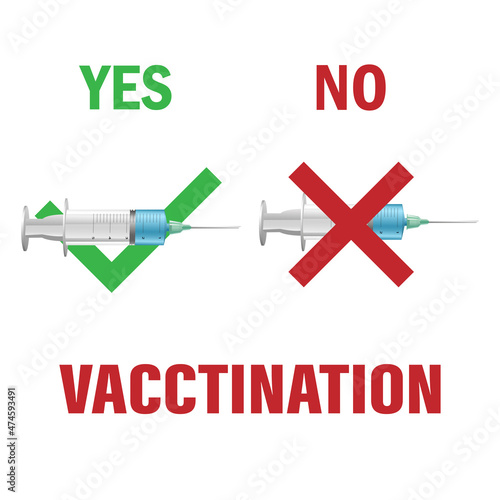 Vaccination selection, yes green button, no red button. Vector icons and text isolated on white background