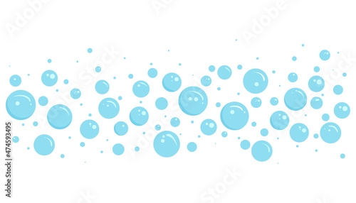Blue bubble vector soap background, foam border, abstract suds pattern. Transparent effervescent air bubbles stream. Cartoon soda pop. Fizzy drinks. Carbonated illustration