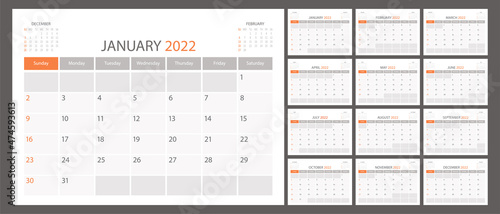 Calendar planner 2022, vector schedule month calender, organizer template. Week starts on Sunday. Business personal page. Modern simple illustration
