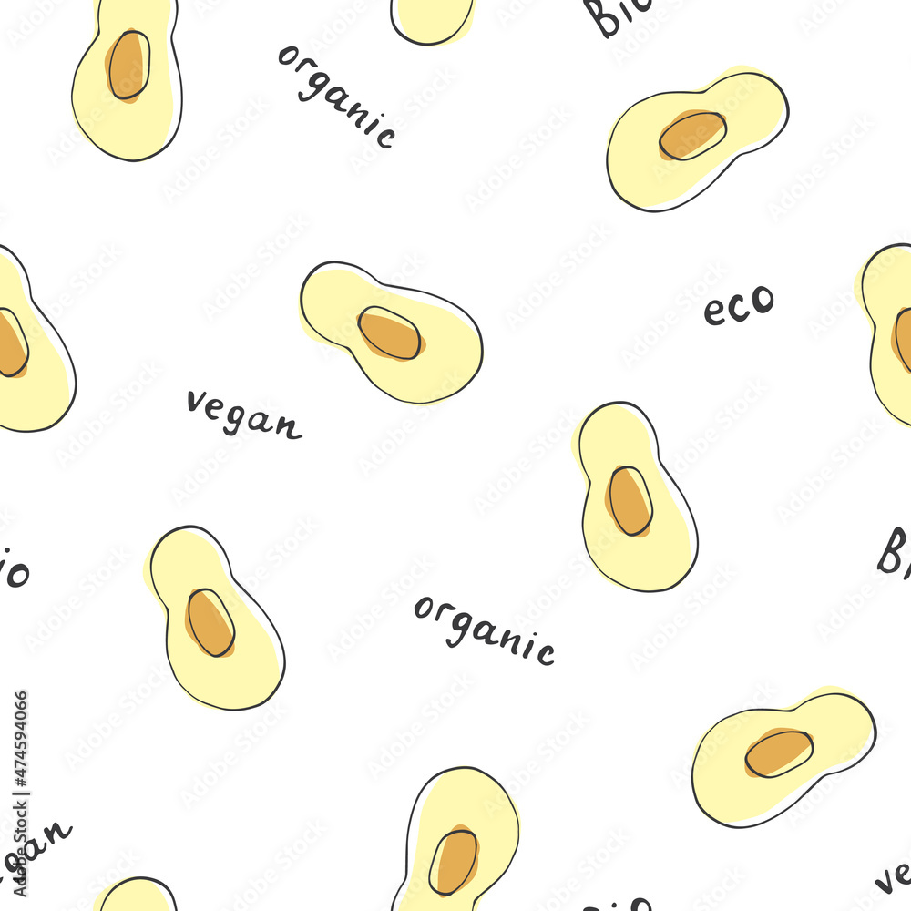 Avocado Vegetables seamless pattern. Vegetarian healthy bio food background, Vegan organic eco products. Vector illustration