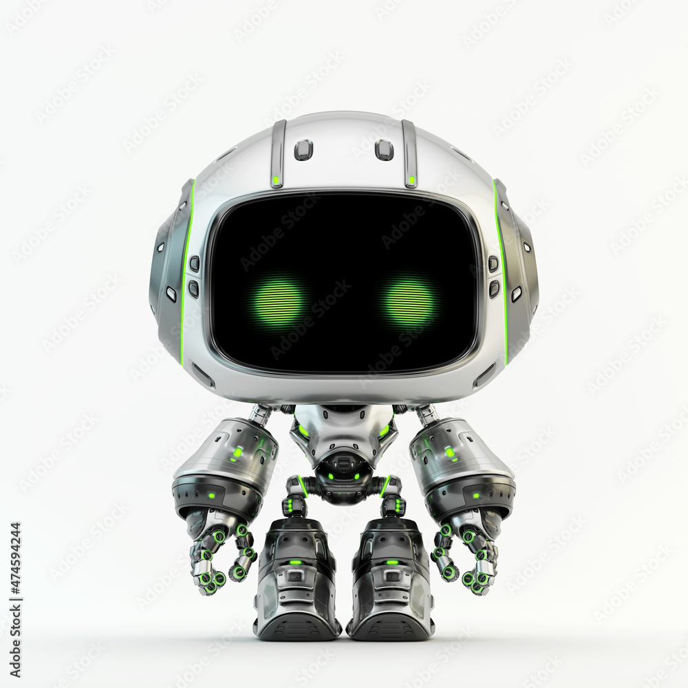 Cute bot with digital screen-face and green led eyes, 3d rendering Cute bot with digital screen-face and green led eyes, 3d rendering