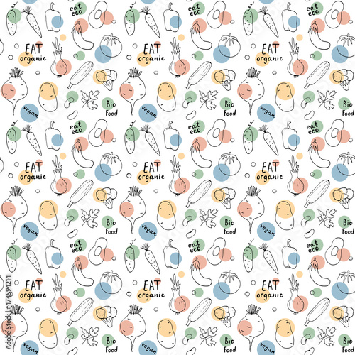Wallpaper Mural Vegetables seamless pattern. Vegetarian healthy bio food background, Vegan organic eco products pepper, tomato, cucumber, carrot, potato, avocado, beans and peas. Vector illustration Torontodigital.ca