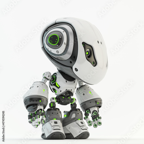 Smart robotic character in white 3d render in side angle