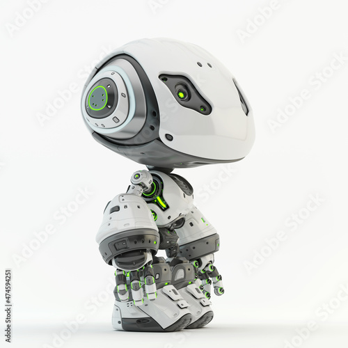 Smart robotic character in white 3d render in side angle