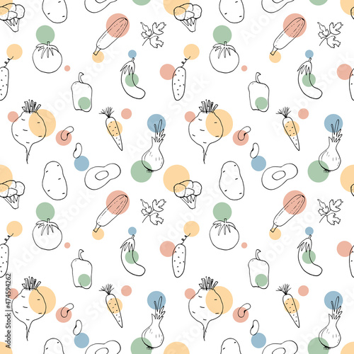 Vegetables seamless pattern. Vegetarian healthy bio food background, Vegan organic eco products pepper, tomato, cucumber, carrot, potato, avocado, beans and peas. Vector illustration