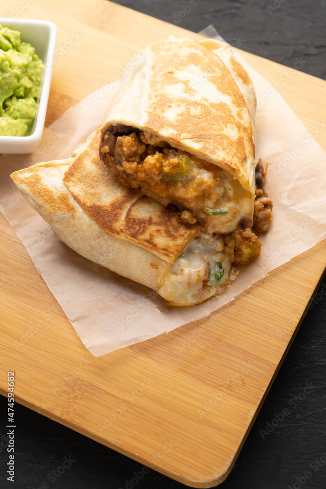 Picadillo burrito with beans and cheese. Mexican food