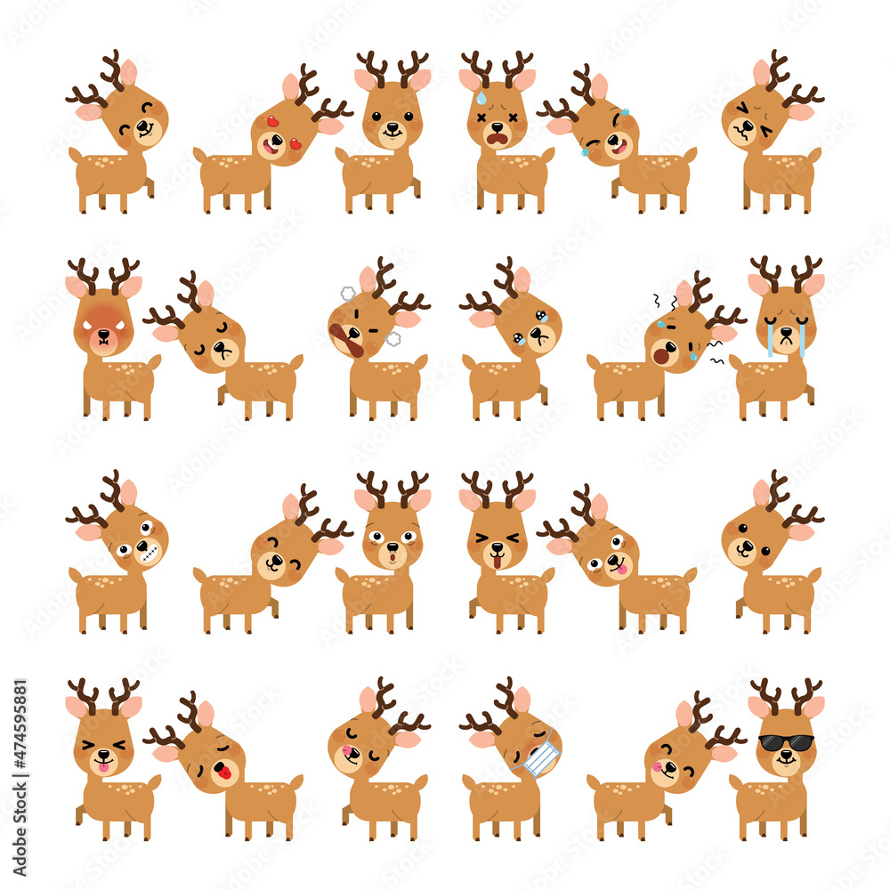 Set of expression of emotions of funny reindeer for Christmas decoration isolated on white background. Vector Illustration.