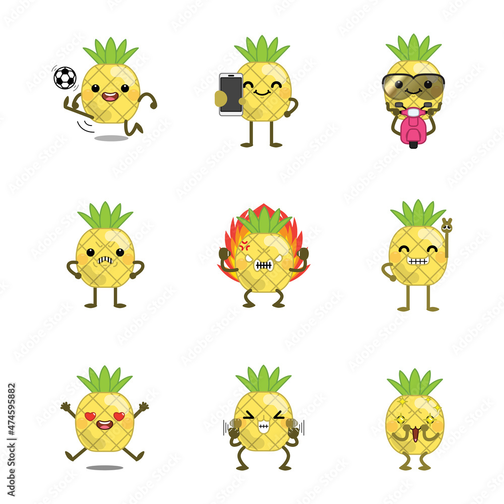 Set of cute cartoon pineapple isolated on white background. Vector illustration.