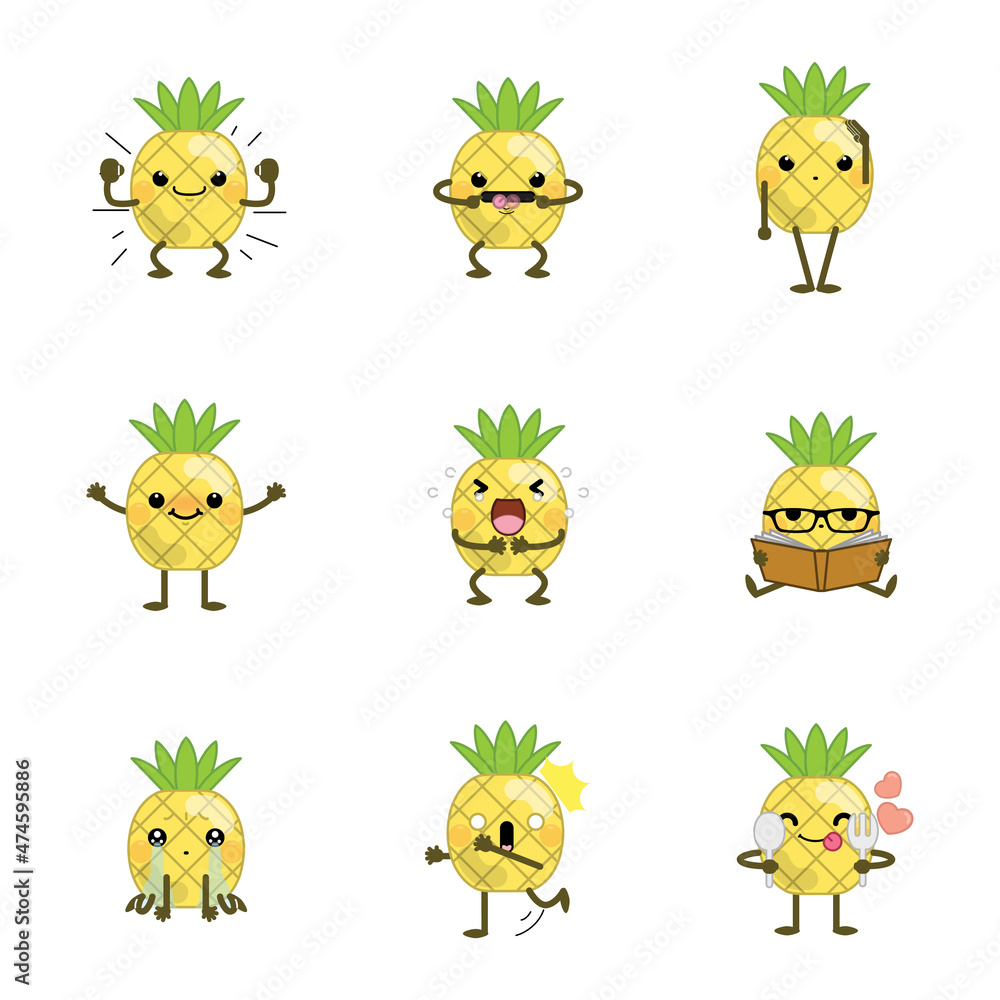 Obraz premium Set of cute cartoon pineapple isolated on white background. Vector illustration.