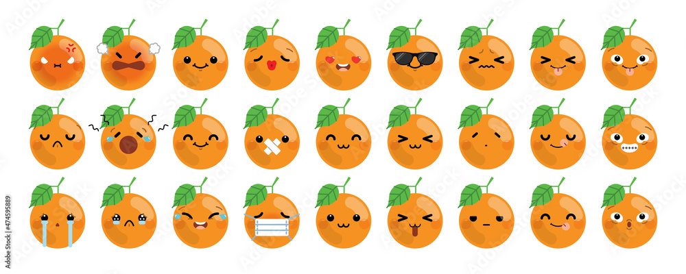 Set of cute cartoon orange emoji isolated on white background. Vector Illustration. Set of cute cartoon orange emoji isolated on white background. Vector Illustration.