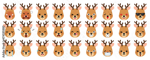 Set of cute cartoon reindeer emoji isolated on white background. Vector Illustration.