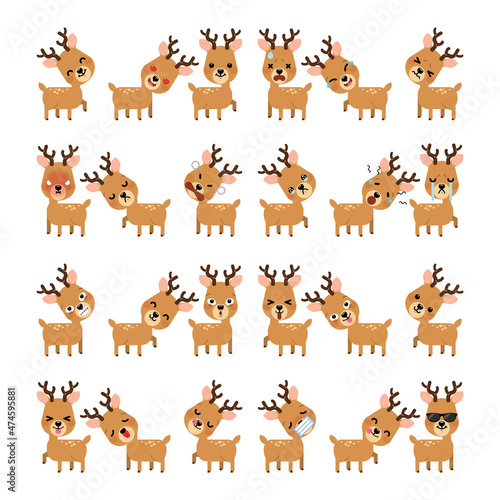 Set of expression of emotions of funny reindeer for Christmas decoration isolated on white background. Vector Illustration.