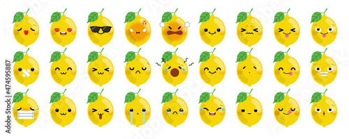 Set of cute cartoon lemon emoji isolated on white background. Vector Illustration.
