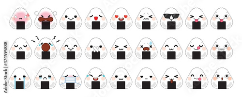 Set of kwaii onigiri emoji isolated on white background. Vector illustration.