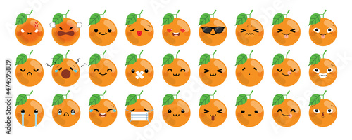Set of cute cartoon orange emoji isolated on white background. Vector Illustration.