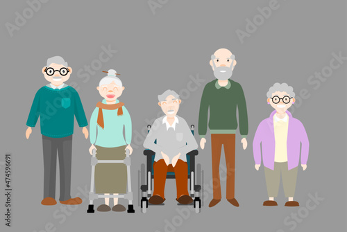Group of elderly men and women. Elderly society concept. Flat design vector illustration.