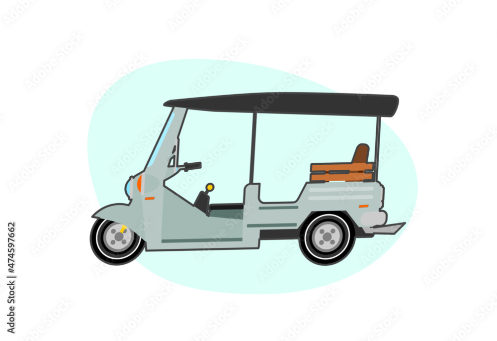 Side view of tuk tuk Unmanned transport vehicle. Taxi in Thailand. For travel and interior tourism. Vector illustration flat design 
