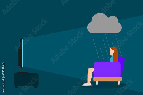 Woman sitting on the sofa watching tv, she is in depression, vector illustration about depression