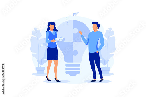 people with lightbulb puzzle, business concept. Team metaphor.
people connecting puzzles vector. flat design modern illustration