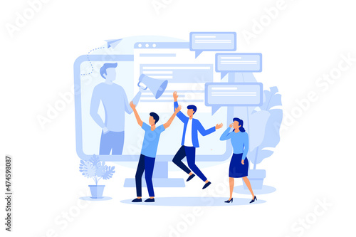 collective thinking and brainstorming, company information analytics, employee agitation vector. flat design modern illustration