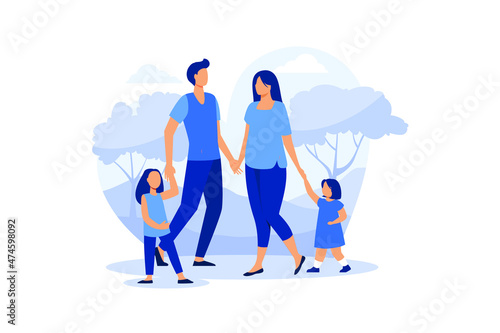  happy family, mother father daughter son holding hands and hugging, complete prosperous family vector flat design modern illustration