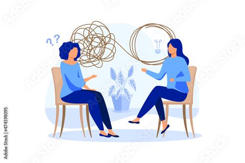 psychotherapy, unraveling complex situations, concept of social psychiatry, therapist and patient vector flat design modern illustration