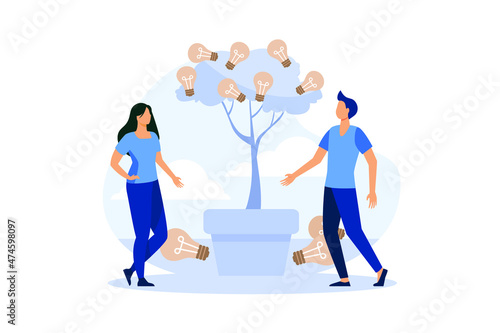 business meetings and brainstorming, business concept for teamwork, search for new solutions, tree with bulbs and ideas. flat design modern illustration