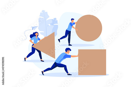 Businessman pushing sphere and leading the race against group other not so lucky guy pushing boxes.
Concept of innovation in business winning strategy, vector, flat design modern illustration
