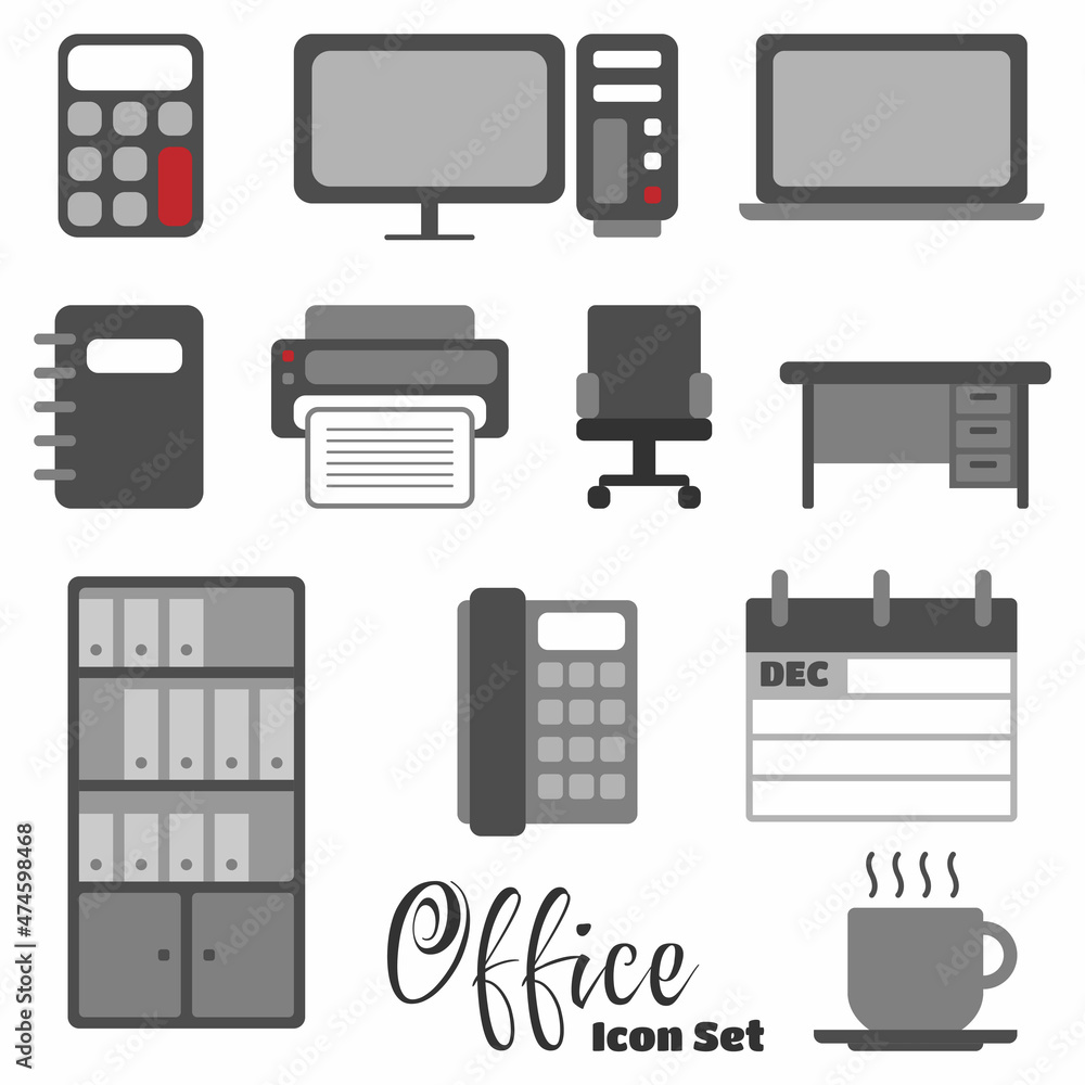 Icon set of office supplies or equipment