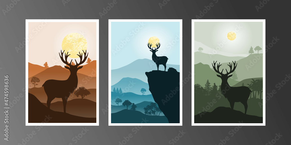 Deer and mountain painting, abstract background, Landscape