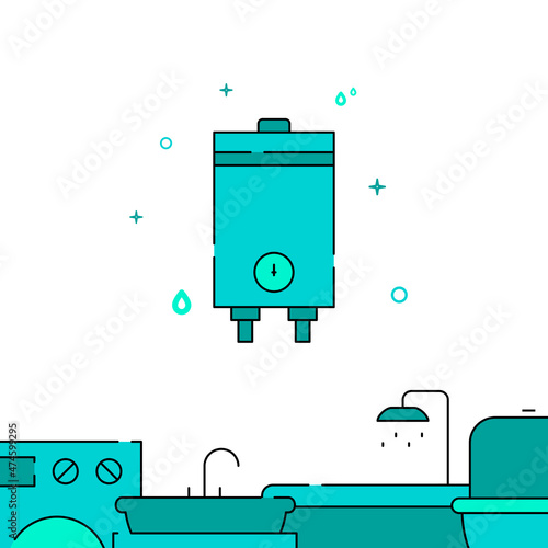Electric boiler, water heater filled line vector icon, simple illustration, Plumbing related bottom border.