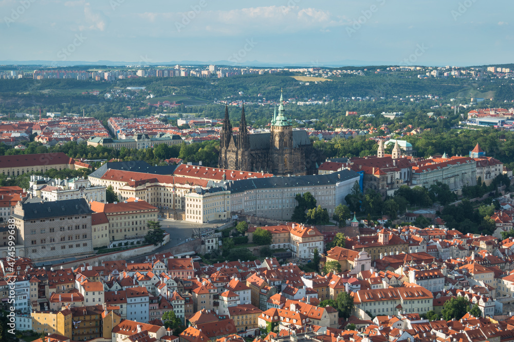 Closer view of Prague Castle and the famous St. Vitus Cathedral from Petřín Lookout Tower - Prague, Czech Republic