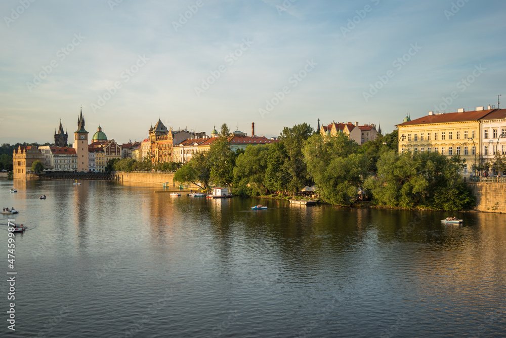 Prague, Czech Republic, June 2019 - beautiful sunset view of Prague by the Vltava River