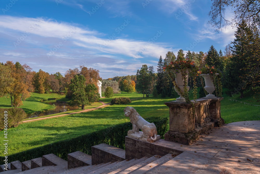 Fragment of an ancient Italian staircase with a marble Lion in Pavlovsk Park and Palace Complex, Saint Petersburg, Russia