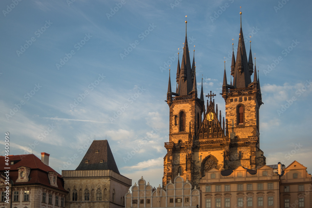 View of the beautiful and famous Church of Our Lady before Týn by the sunset - Prague, Czech Republic