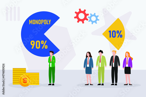 Monopoly vector concept. Male boss getting bigger pie chart than his employees while standing with monopoly word background