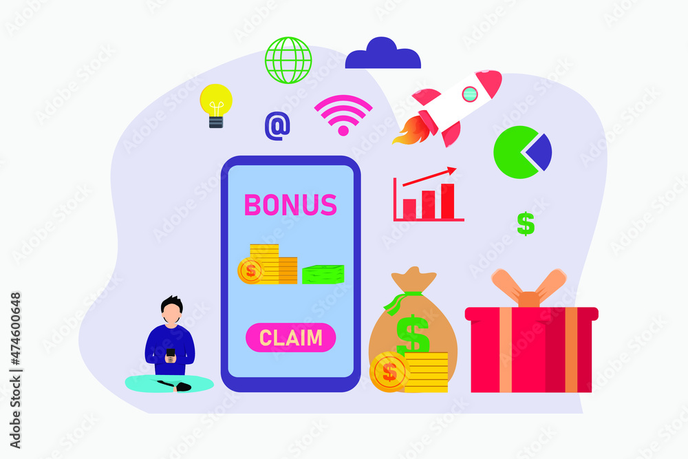 Bonus vector concept. Young man using a cellphone to claims bonus while sitting with money and present