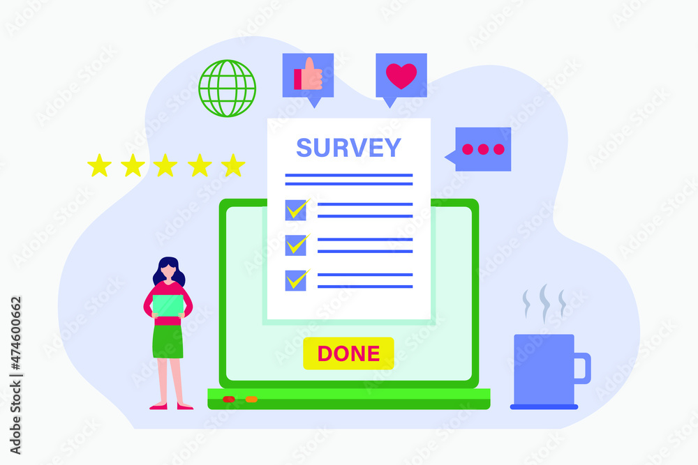 Survey vector concept. Young woman using a laptop while completing survey form Survey vector concept. Young woman using a laptop while completing survey form
