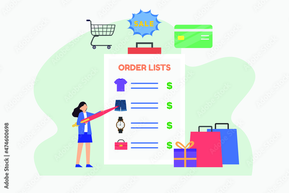 Wish list vector concept. Young woman using a pen to marking order list on the clipboard while standing with shopping bags
