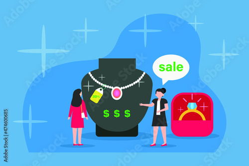 Jewelry store vector concept. Young woman looking at jewelry while standing with saleswoman in the store