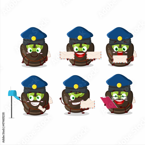 A picture of cheerful chocolate sugar candy postman cartoon design concept