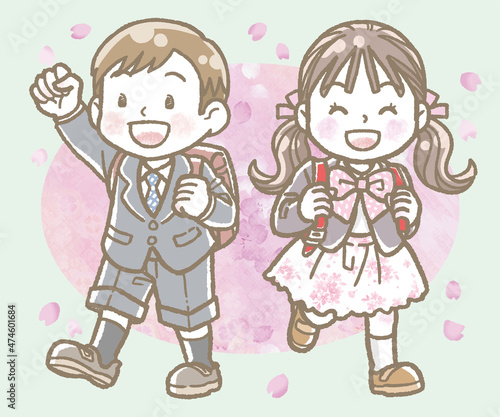 小学校に入学する子どもたちのイラスト　背景あり　男の子と女の子