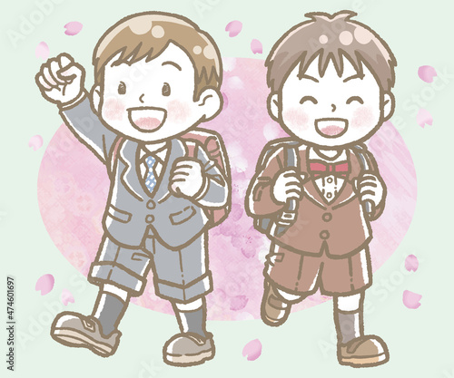 小学校に入学する子どもたちのイラスト　背景あり　男の子が二人